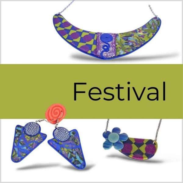 Une jolie collection de bijoux colorés de bleus, verts, et fuchsia. Festival est une collection original et élégante. Bijoux fait main par Croque Couleur
